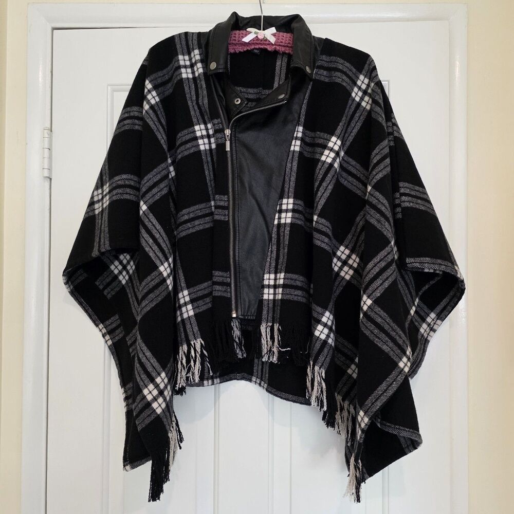 Rock & Republic Wool Plaid Poncho Cape Jacket Faux Leather Collar Fringe XS/S